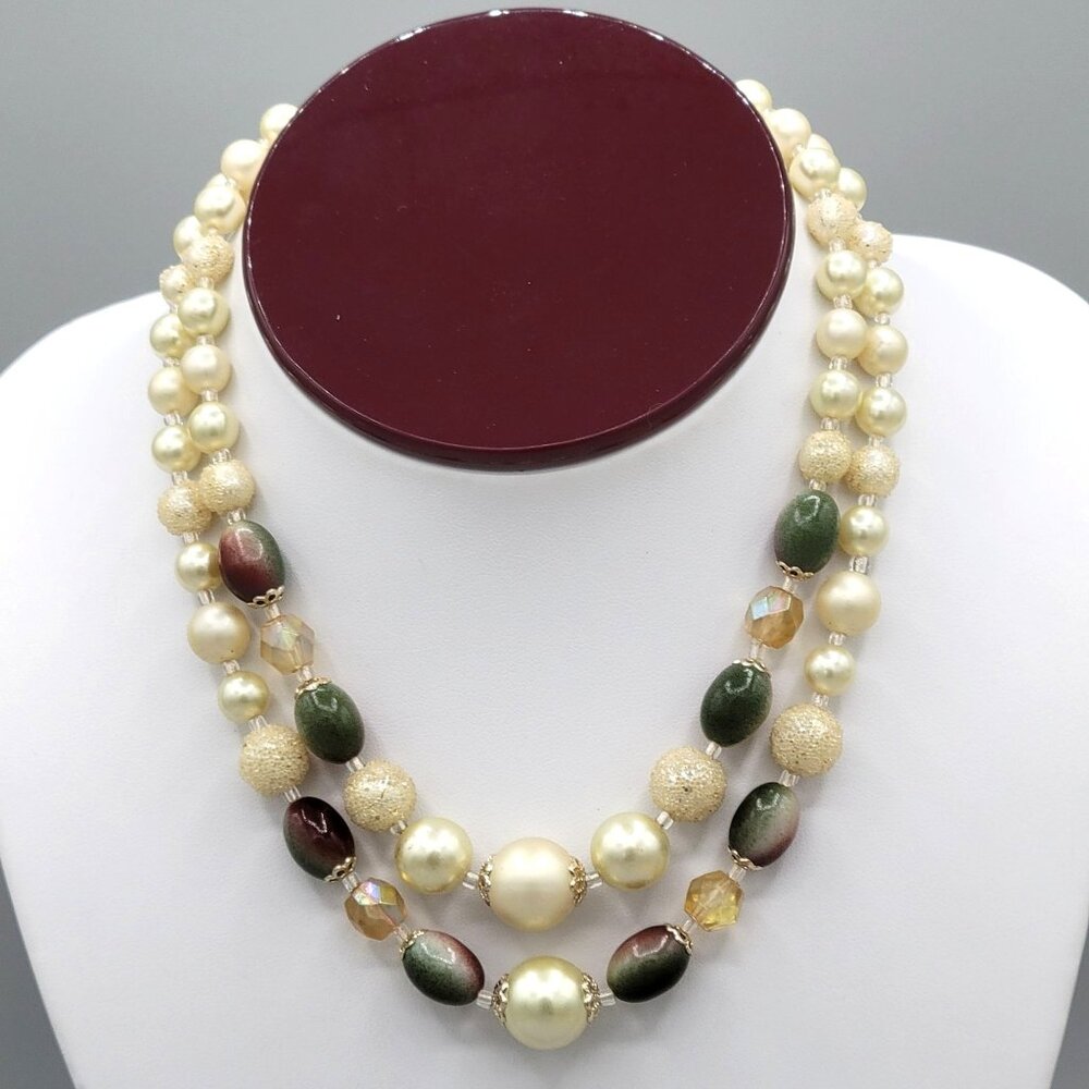 Double Strand Necklace With Imitation Pearls Quartz Stones Hook Close Japan
